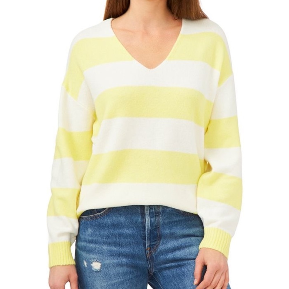 Vince Camuto Yellow & White Striped Sweater, V-Neck, Ribbed Accents, NWT!!